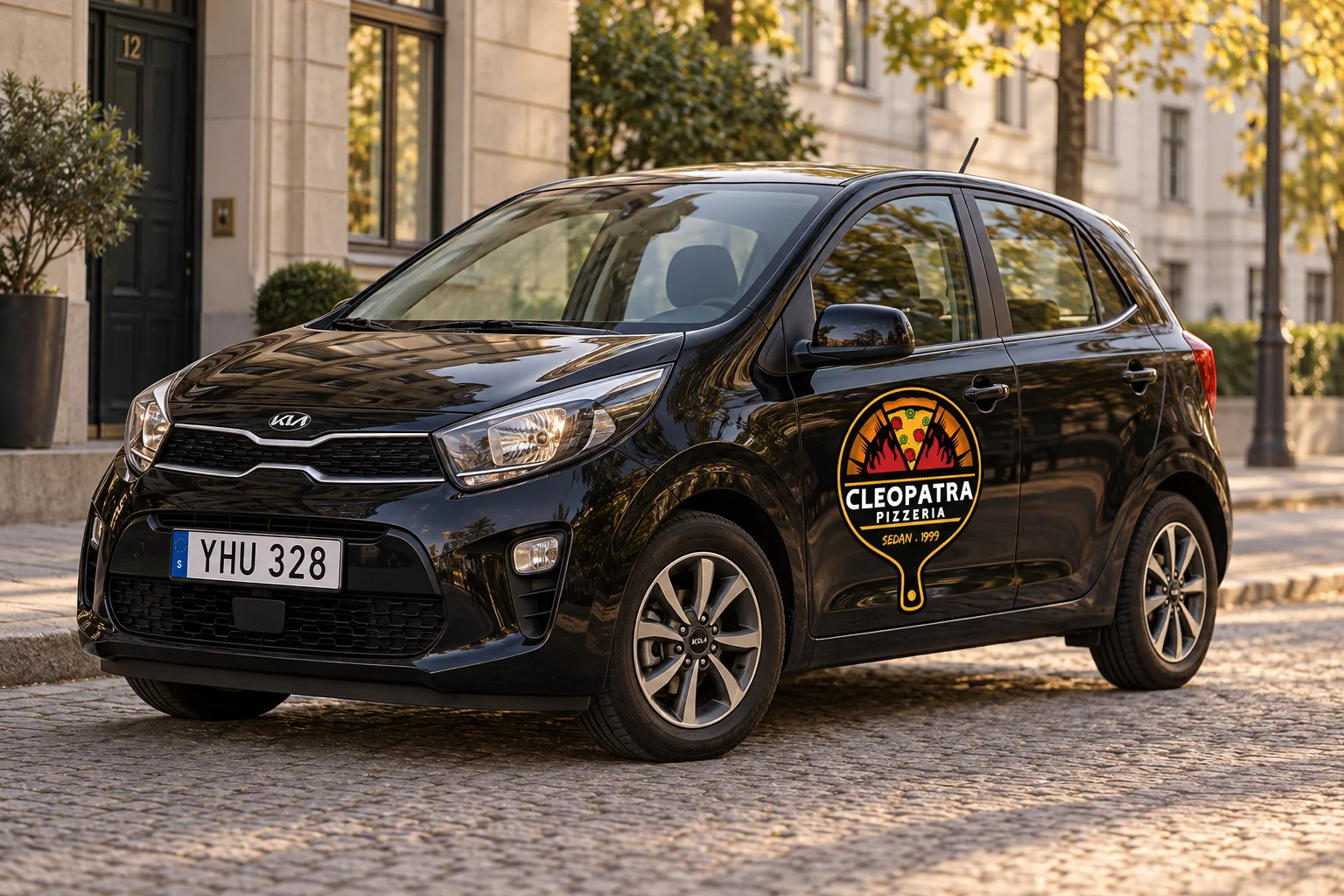 Illustration av en svart Kia Picanto med Cleopatra Pizzerias logotyp