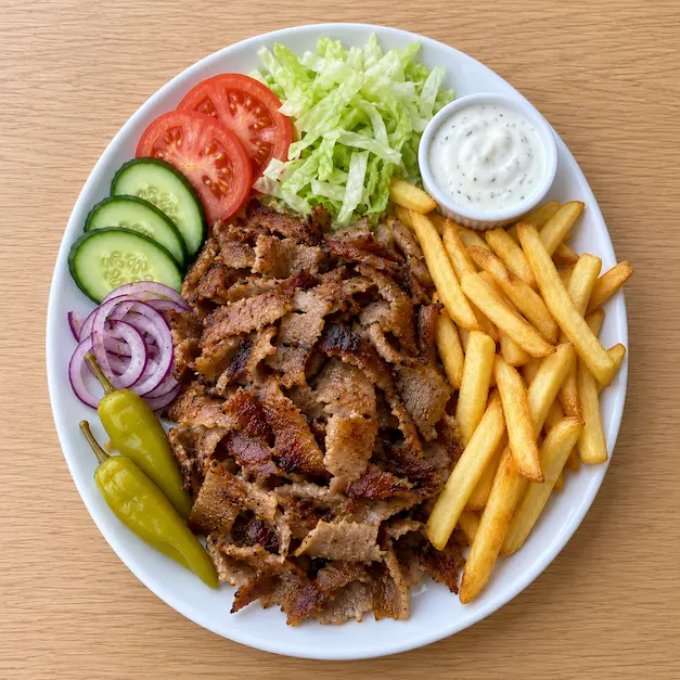 Kebabtallrik med pommes frites, grönsaker och sås